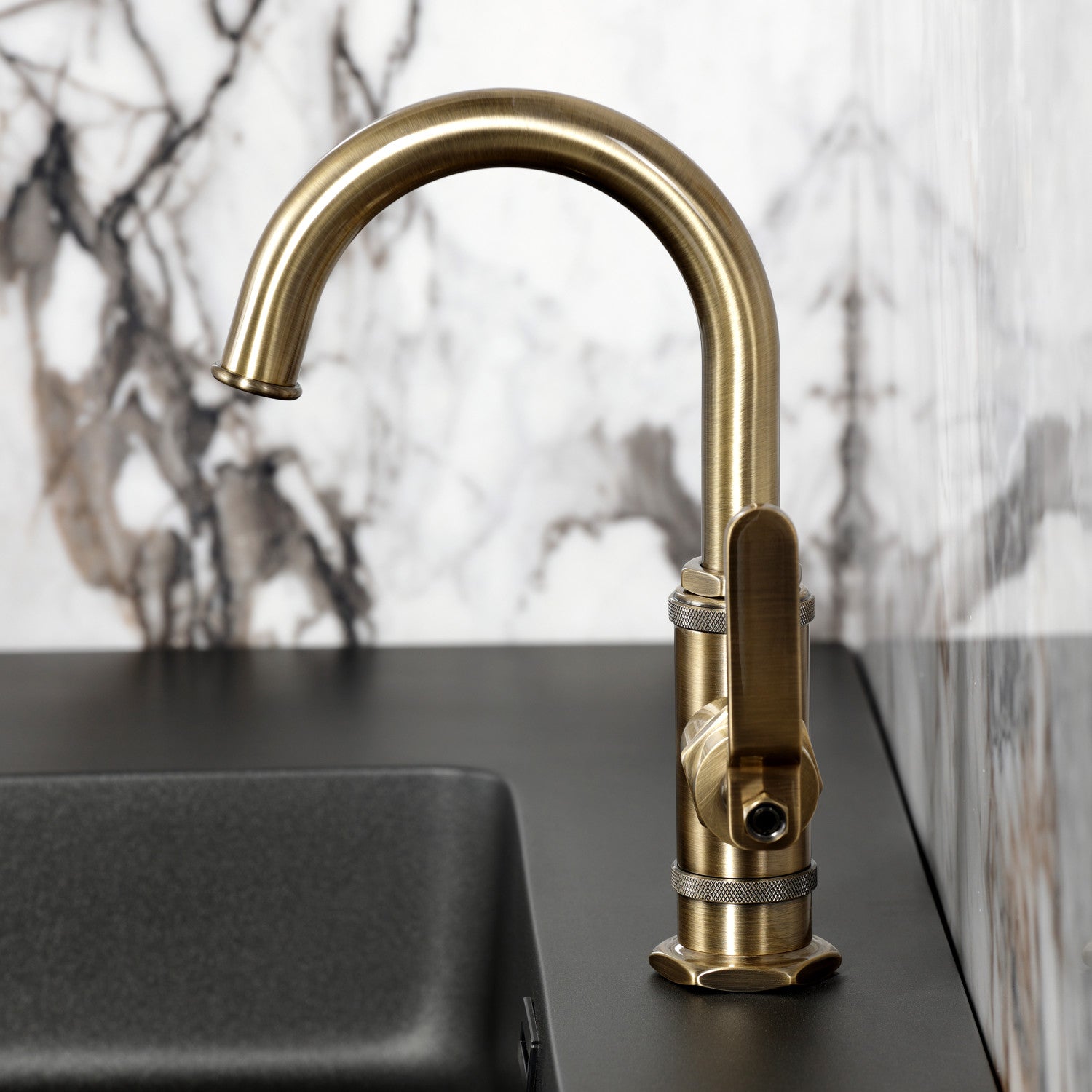 Kingston Sona KSD2213KL - Whitaker One-Handle 1-Hole Bathroom Faucet with Deck Plate and Push Pop-Up Drain, Antique Brass — thumbnail 3